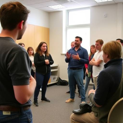 Students participating in an acting exercise in a classroom